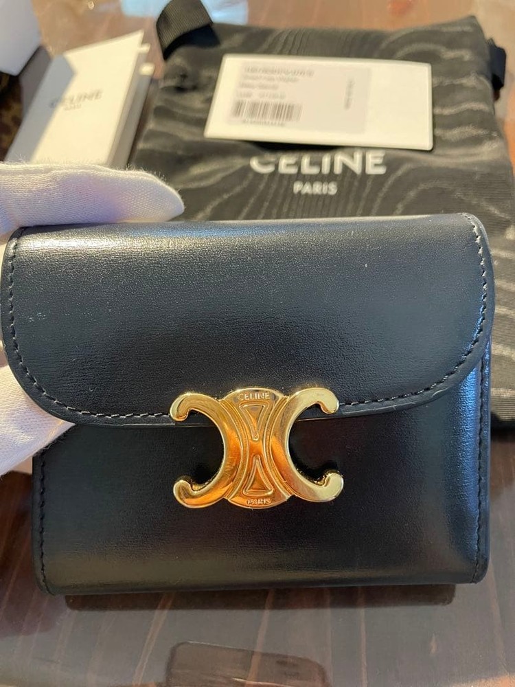 Excellent Condition CELINE Tri Fold Wallet Navy Drop From Japan