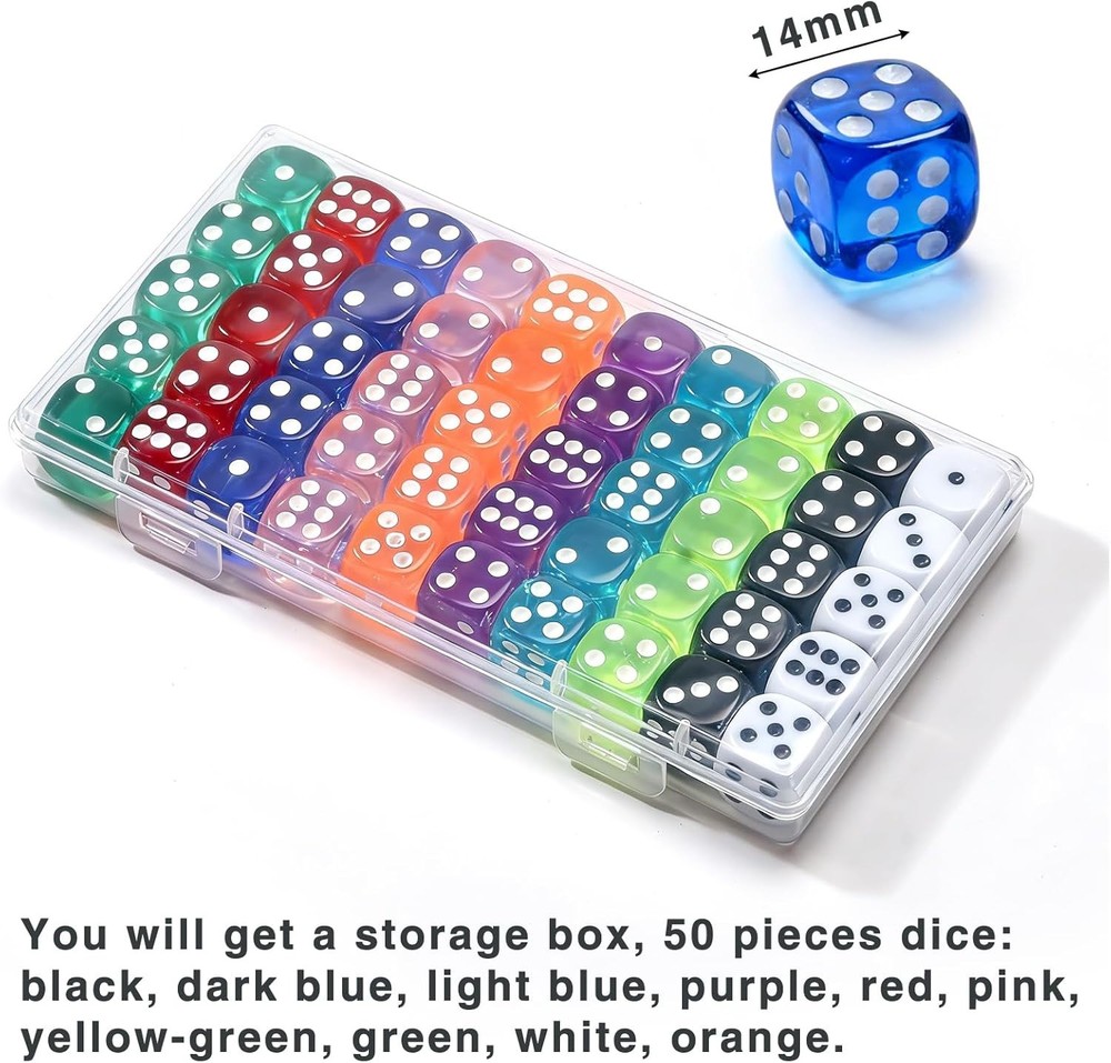 50 Pieces Dice Set, Translucent 6 Sided Colored Dices for Board Games, Math Lear