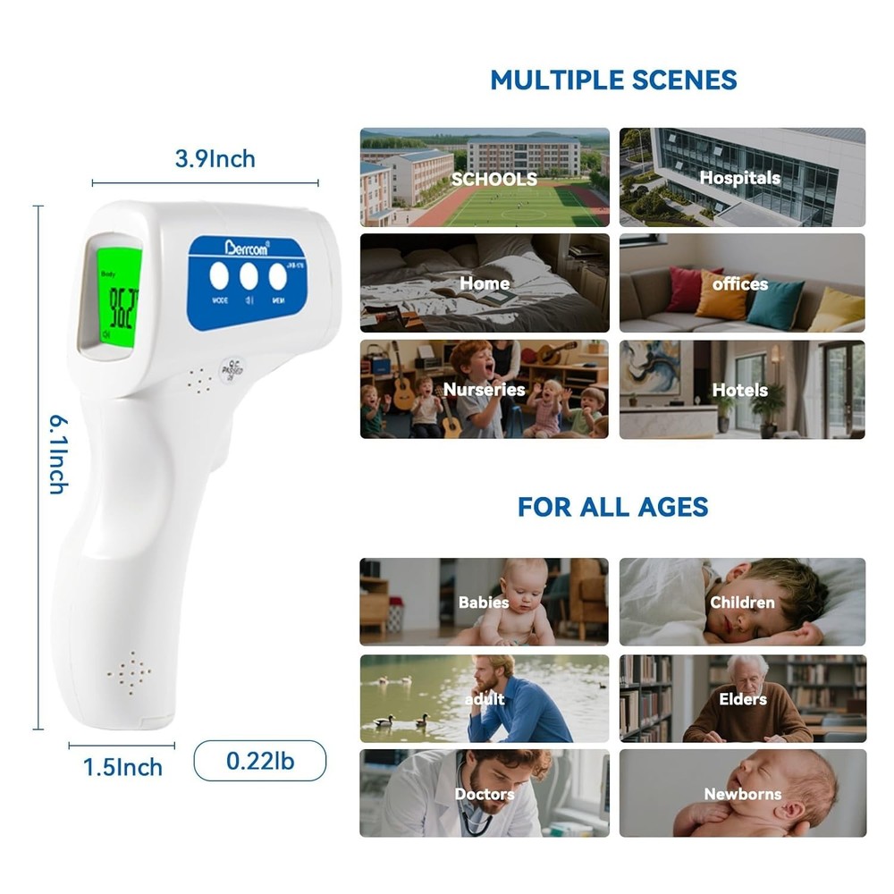 Non-Contact Infrared Thermometer with Memory Function and Large Display - White