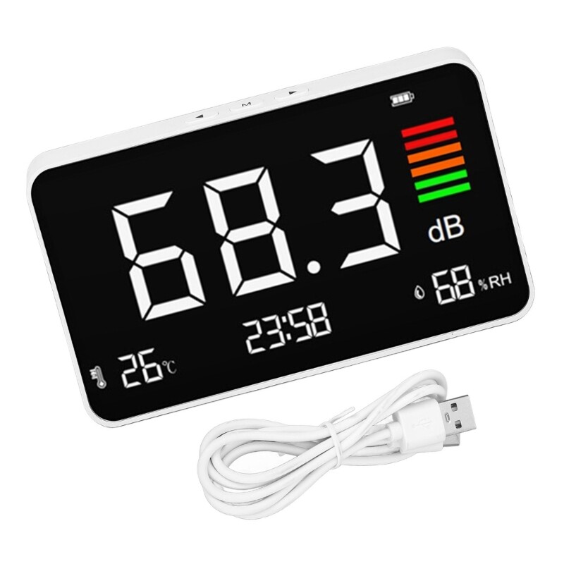 Desktop Digital Decibel Meter 30-130dBA with Time Temperature Humidity Display