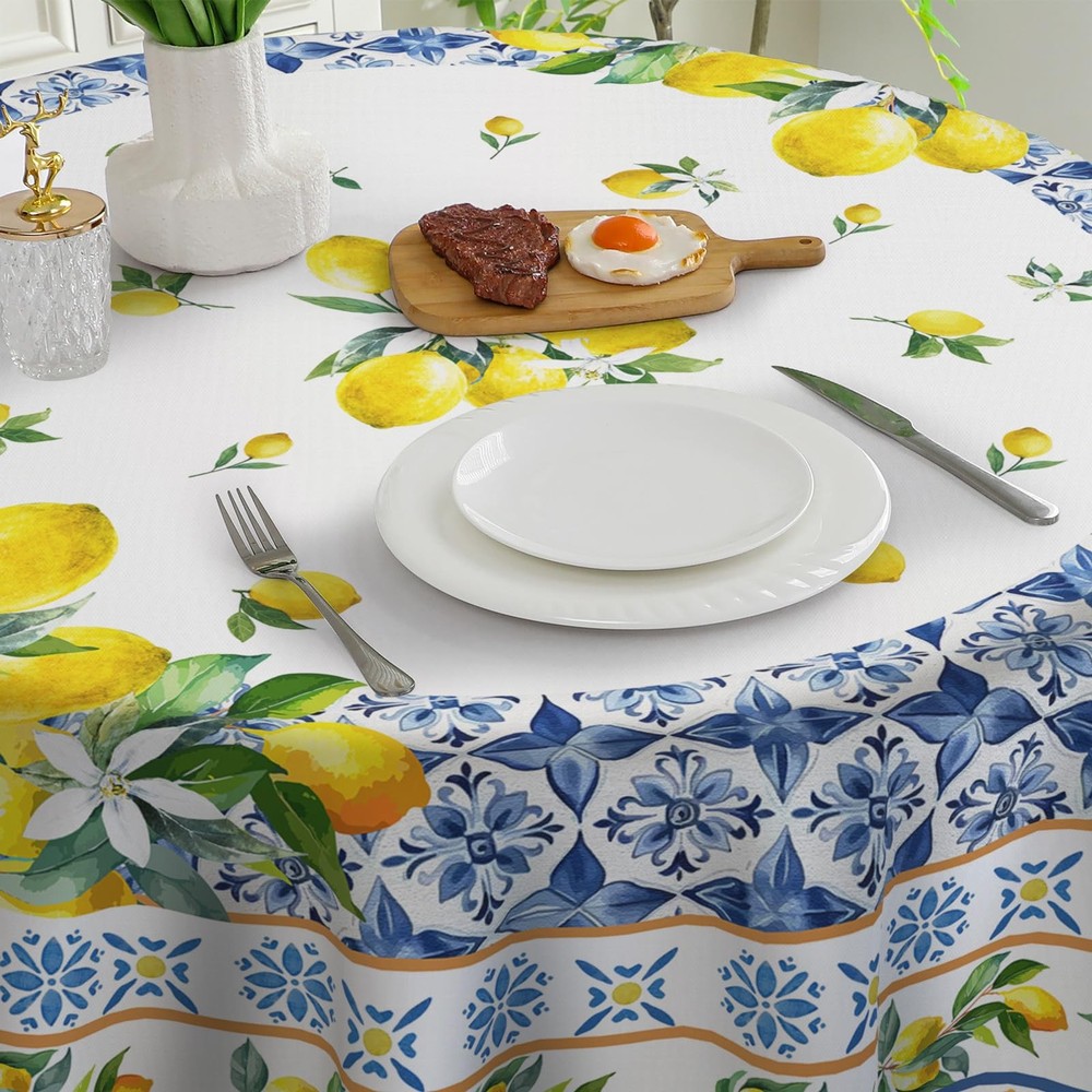 cusugbaso Lemon Round Tablecloth 60 inches - Mediterranean 60" (Round),