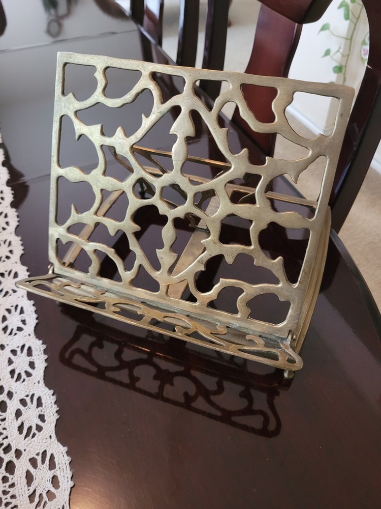 Vintage Ornate Brass Metal Book Stand, Adjustable & Foldable, Rectangular, 9"