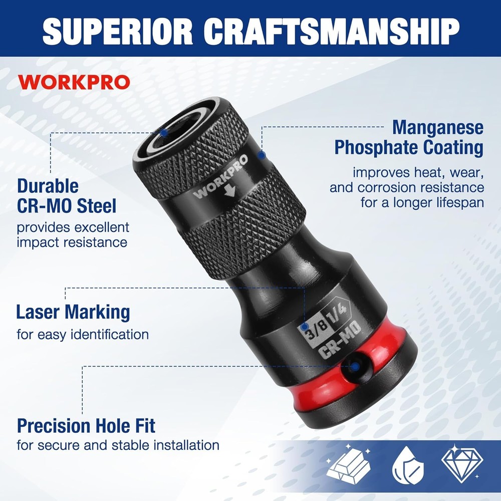 WORKPRO Quick Release Hex Impact Socket Adapter Bit Holder Set 1/2" 3/8" 1/4inch