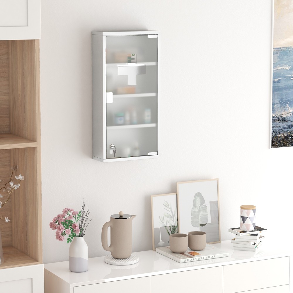 Wall Medicine Cabinet with Lock, Lockable Wall Cabinet, Silver