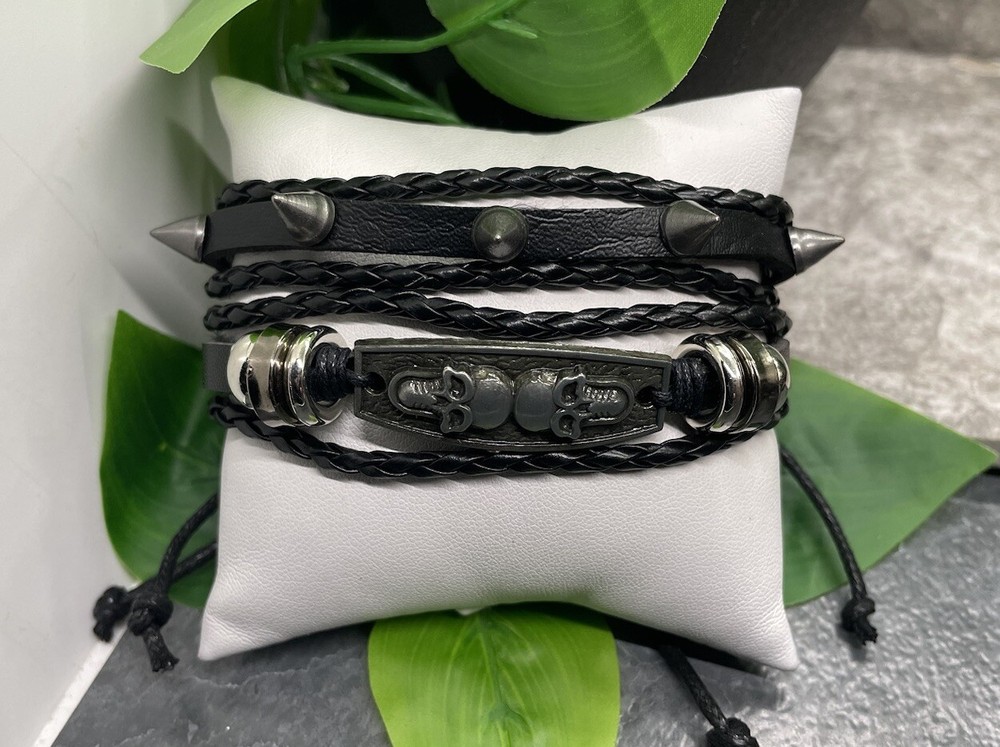 2 PC Leather Bracelet Stackable Adjustable Tie Free Ship Skull B3284