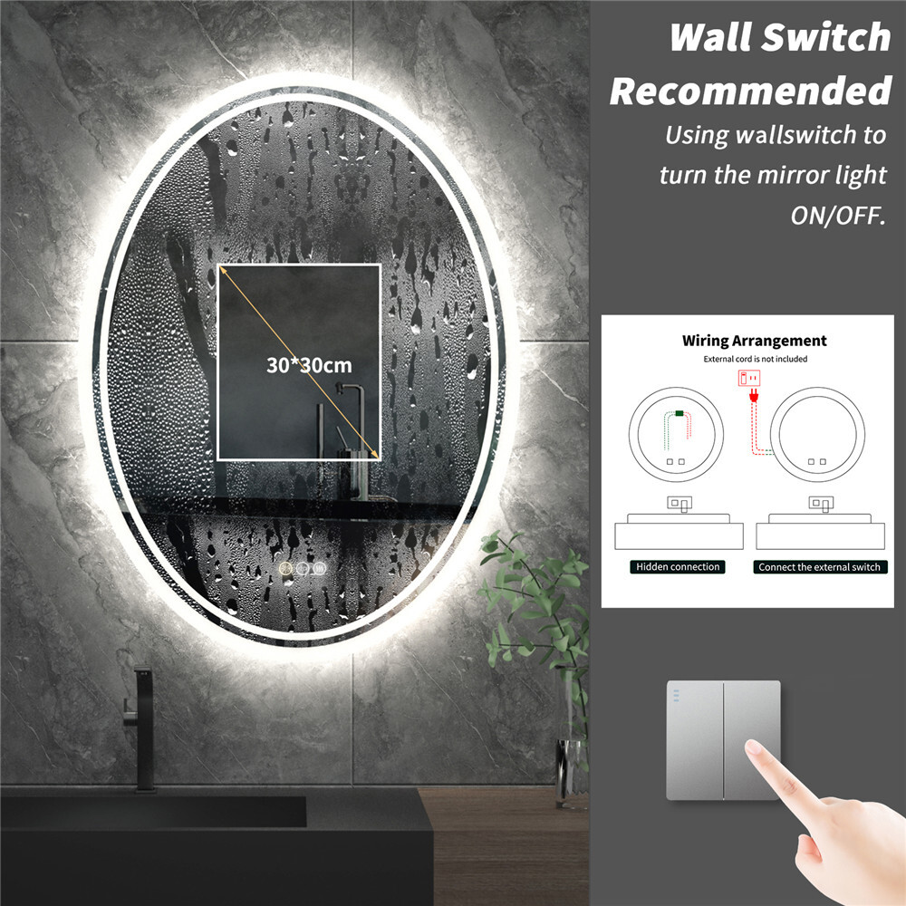 Oval LED Bathroom Mirror Frontlit & Backlit AntiFog Dimmable Wall Vanity Mirror
