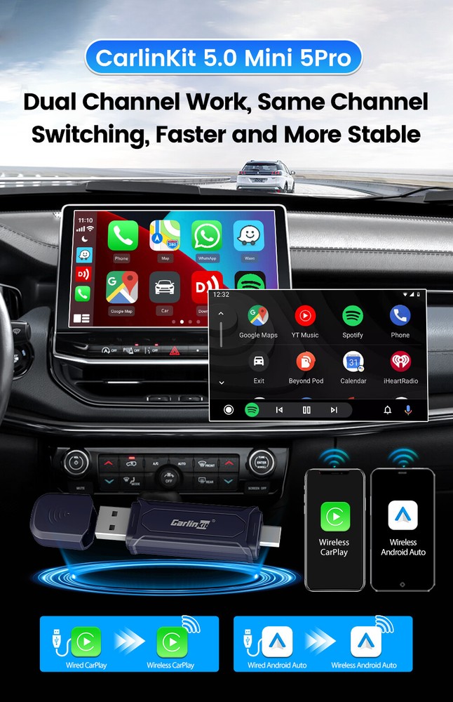 CarlinKit MINI 5.0 Pro 2-in-1 Wireless CarPlay Android Auto Ai Adapter Plug&Play