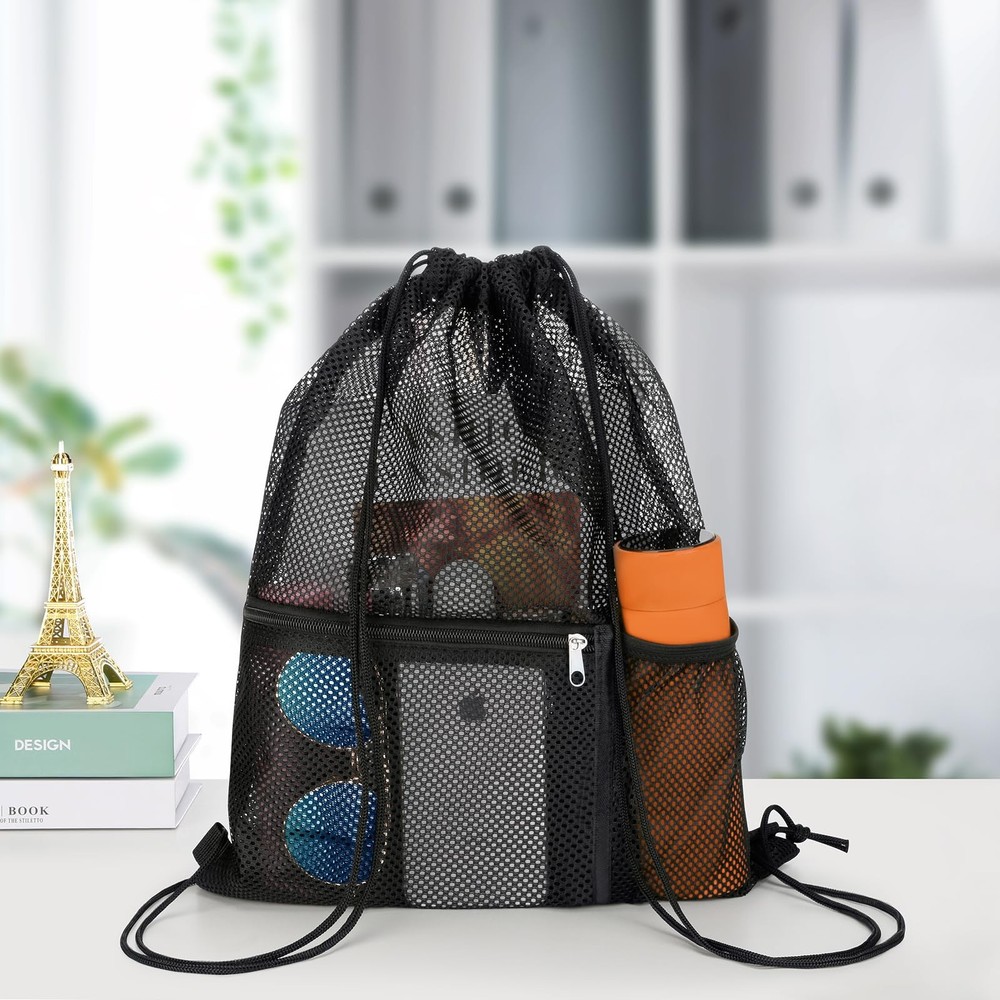 NATURAL STYLE 2 PACK Mesh Drawstring Backpack Bag, Multifunction Large, Black