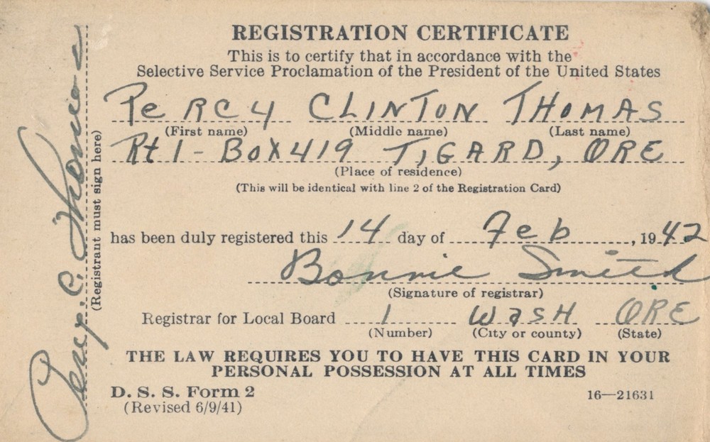 1942 US Military Selective Service Registration Certificate, Percy C Thomas