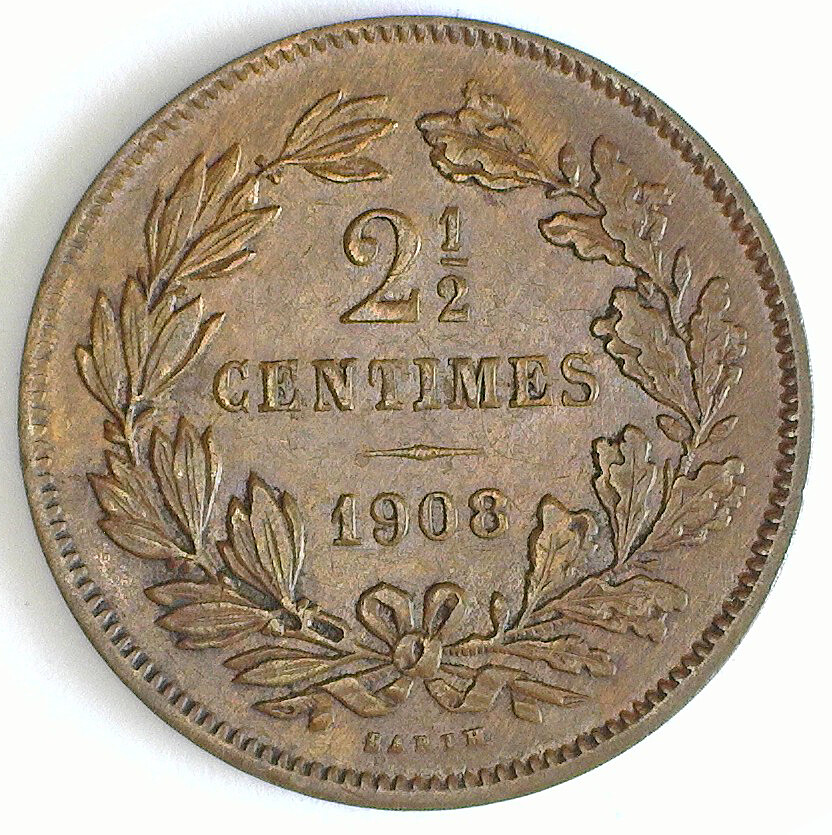 LUXEMBOURG 1908 BRONZE 2½ CENTIMES (KM-21) BN UNC