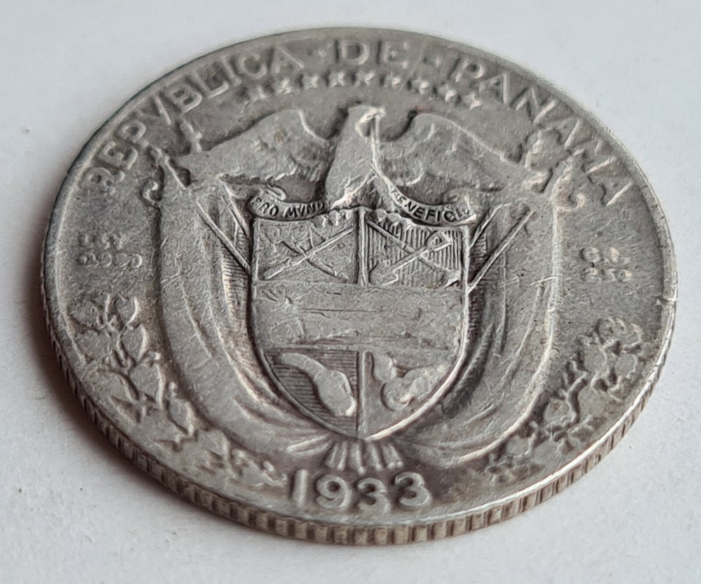•1933•PANAMA•1/10 BALBOA•SILVER COIN•
