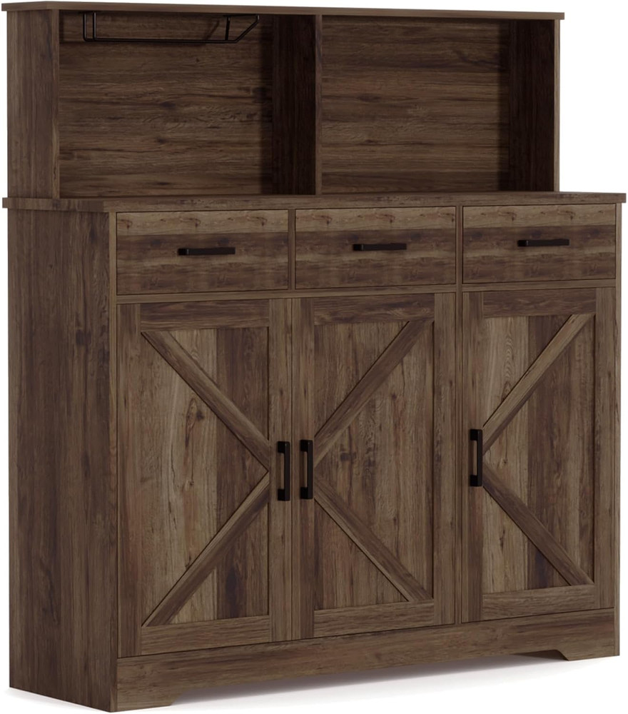Rustic Buffet Cabinet with Microwave Stand, Barn Doors & Storage Shelves, Brown
