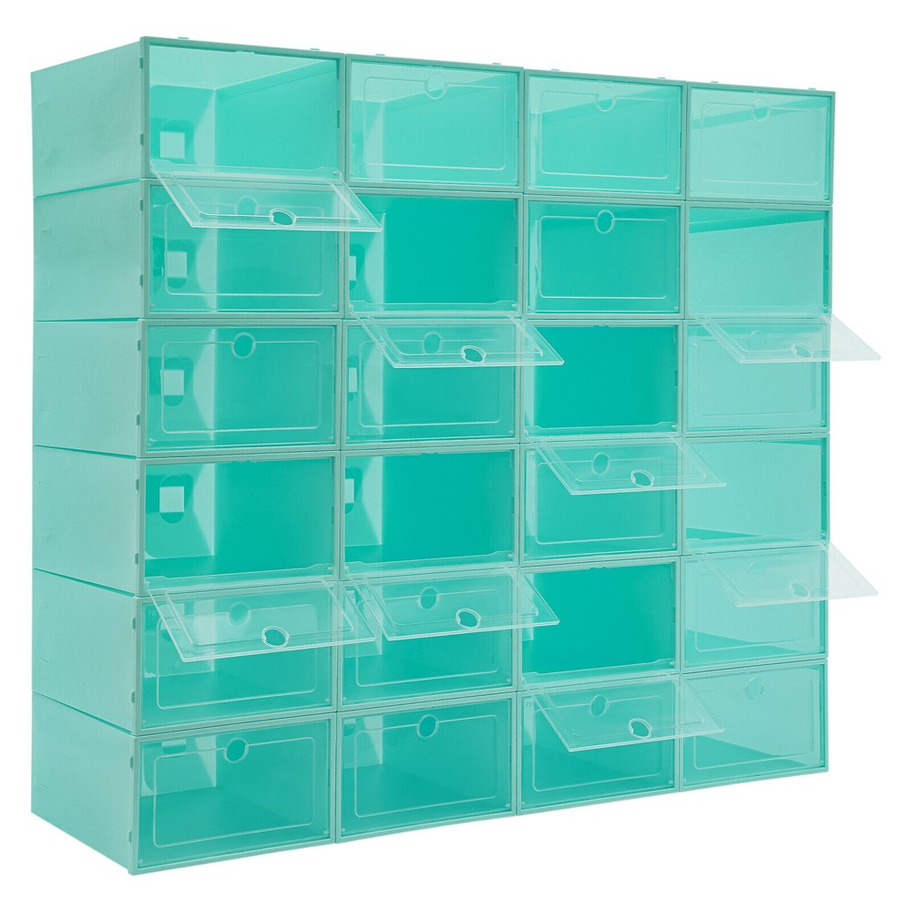 24Pack Foldable Shoe Box Storage Stackable Plastic Sneaker Case Organizer W/Lids