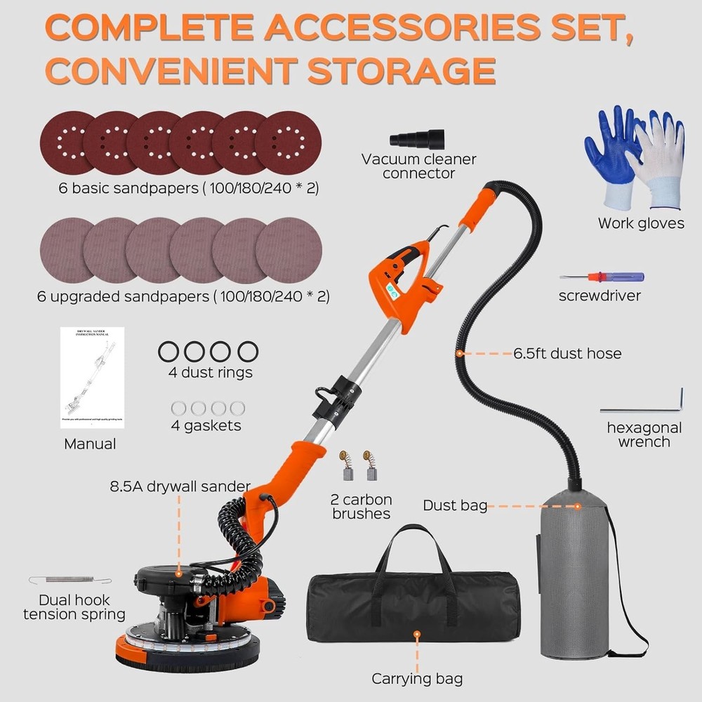 Drywall Sander Tool, 8.5 Amp Popcorn Ceiling Removal Tool with 7 Variable Spe...