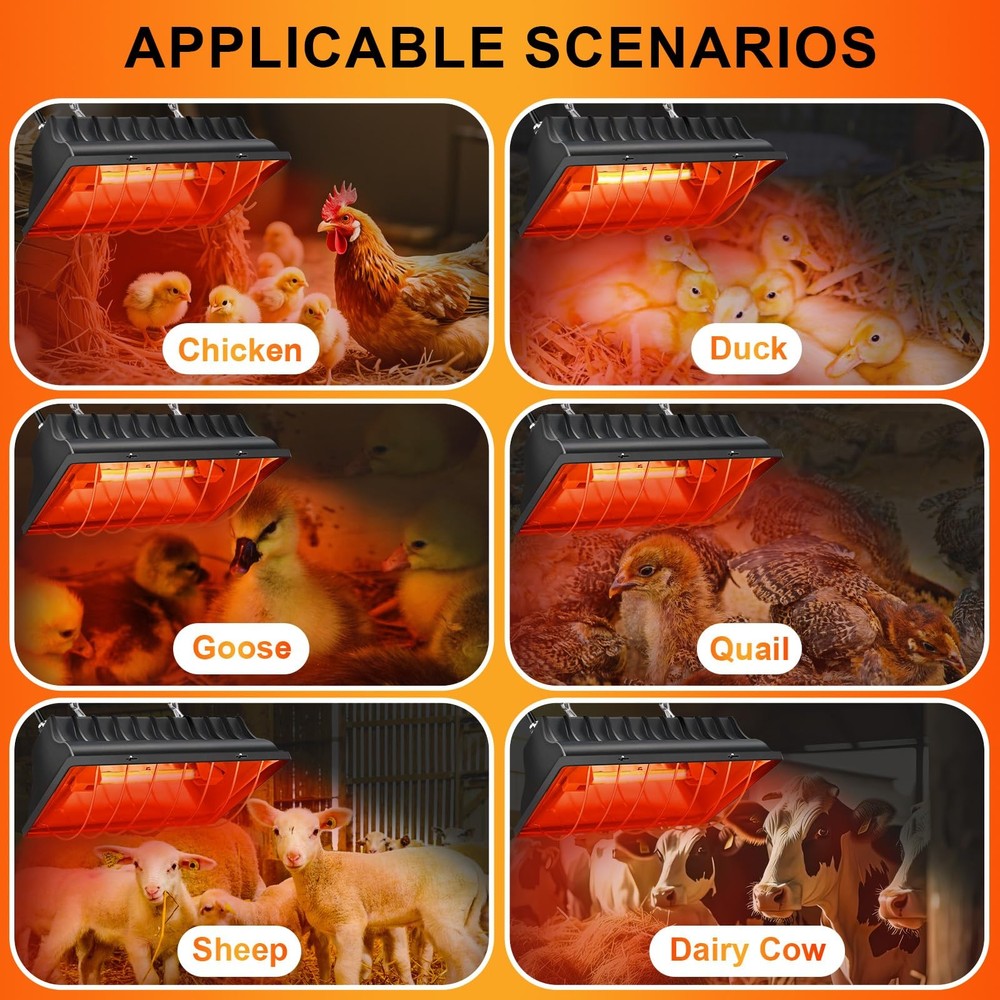 Chicken Coop Heating Lamp Brooder 250W, Adjustable Heating Temperature and Ha...