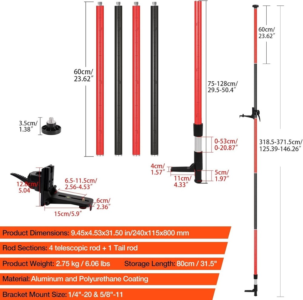 Telescoping Laser Level Pole, 12 FT/3.7 M Tripod Laser Pole with Adjustable M...
