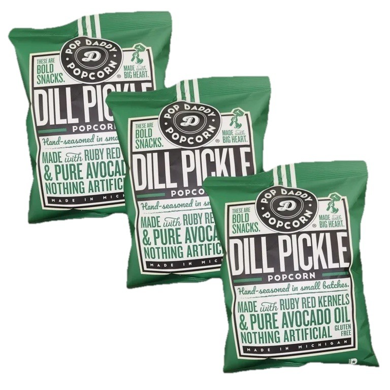 Pop Daddy Dill Pickle Popcorn 3 Pk Gluten Free Made W Red Ruby Kernels & Avocado