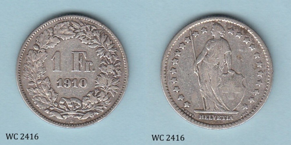 Switzerland 1 Franc 1910 Silver Coin