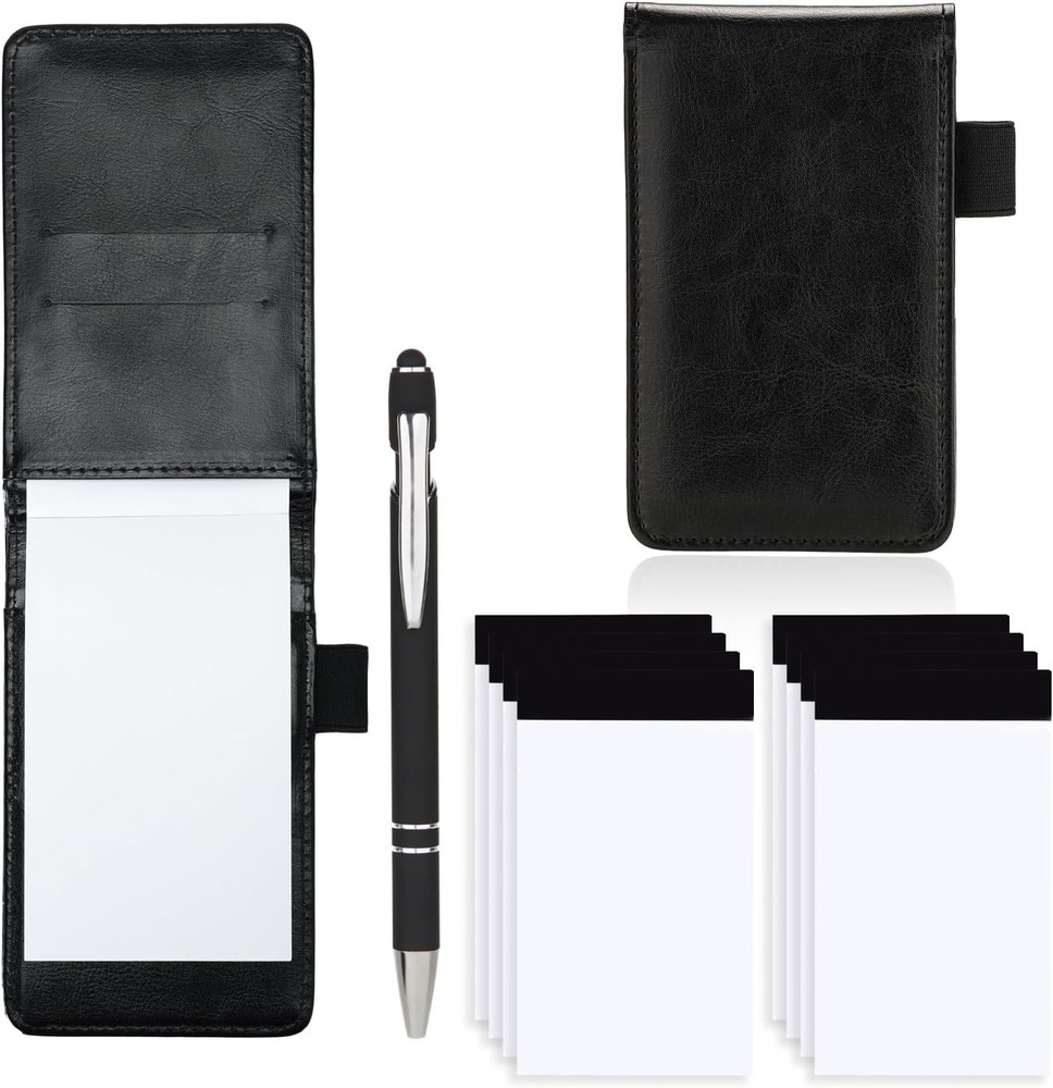 10 Pack Small Notepad Holder 3x5 Pocket Notebook with Pen Black Plain Leather PU