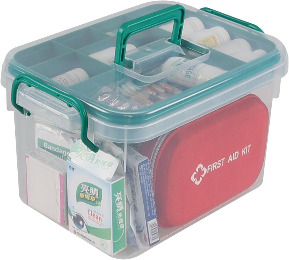 1 Pack Plastic Medicine Storage Kit with Tray, First Aid Storage Box with Handle