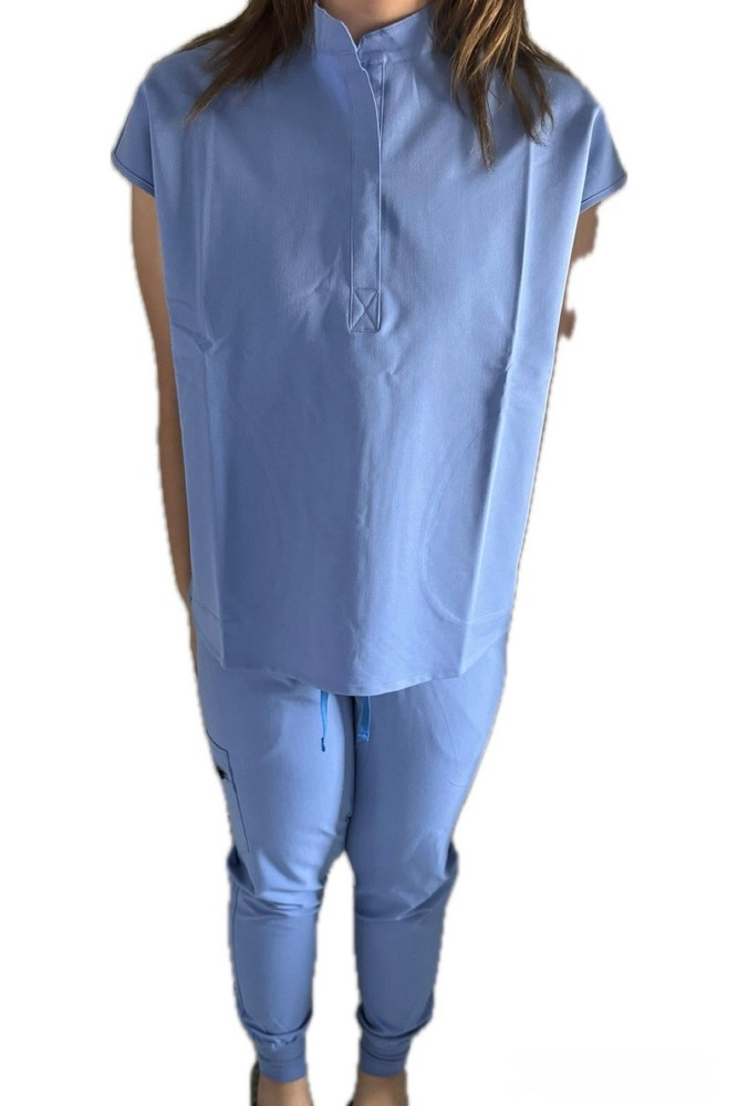 Light Blue Women's Medical Solid Scrub Set Top and Bottom Uniform Outfit