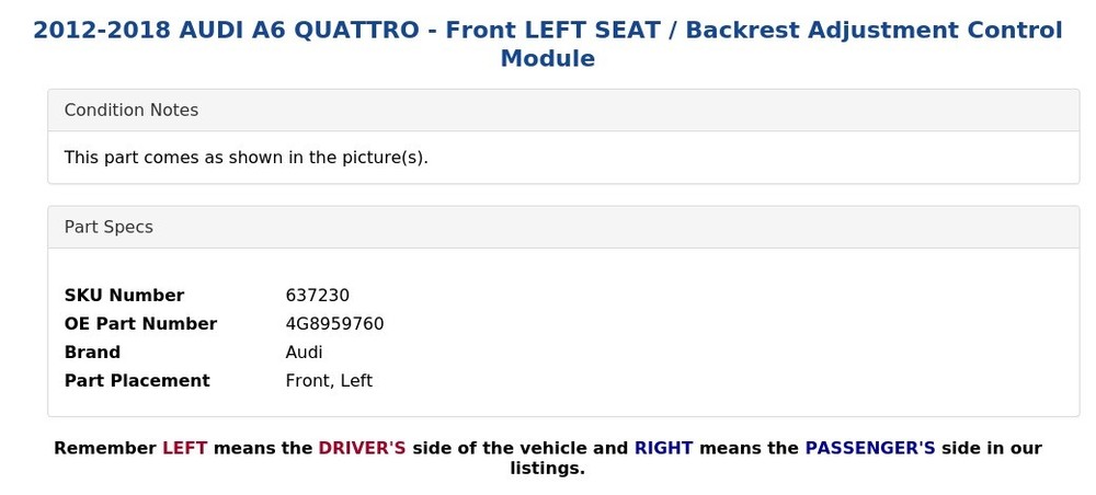 2012-2018 AUDI A6 QUATTRO - Front LEFT SEAT / Backrest Adjustment Control Module