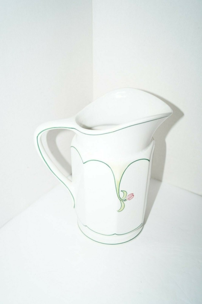 TRIFLES WATER PITCHER GLASS TAN STRIPS GREEN PINK EUC