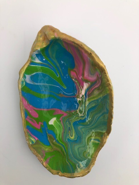 Hand Crafted Turquoise, Lime, Pink and White Paint Pour Oyster Shell
