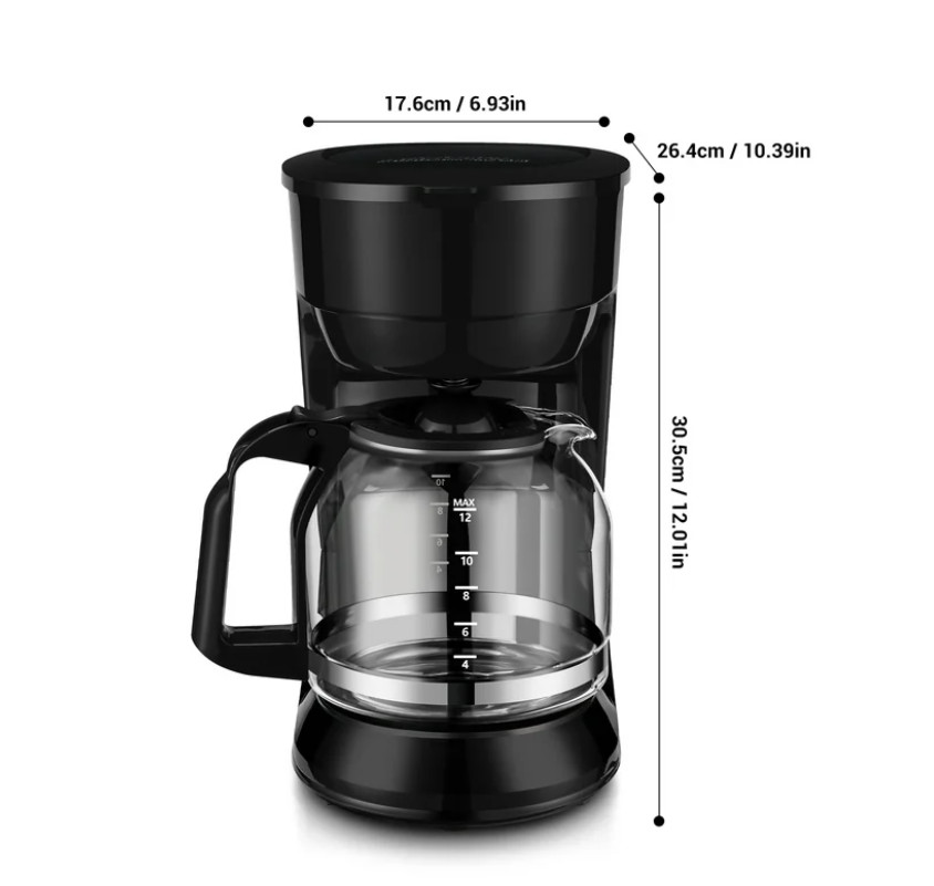 12 Cup Black Coffee Maker with Removable Filter Basket