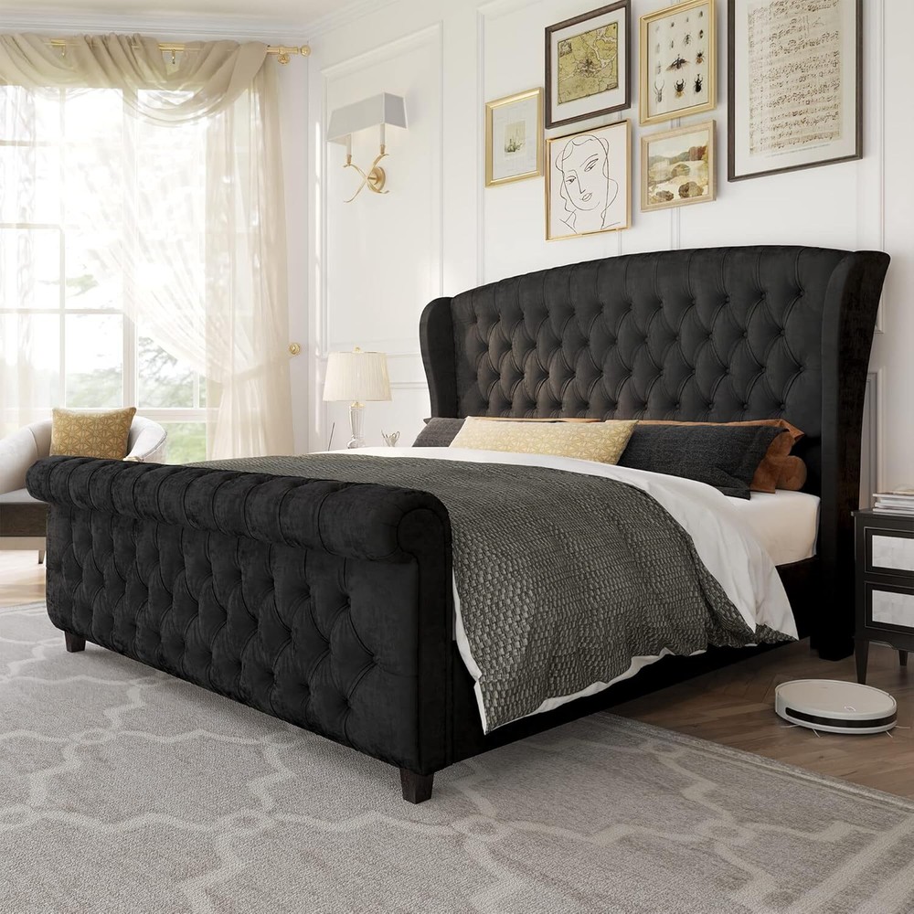 Queen Platform Bed Frame, Chenille Upholstered Sleigh Bed w/Tufted Wingback