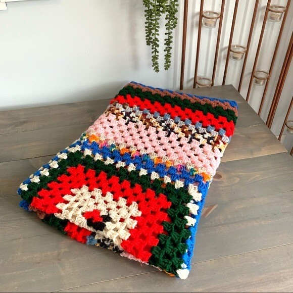 Vintage Handmade Multicolored Crocheted Afghan