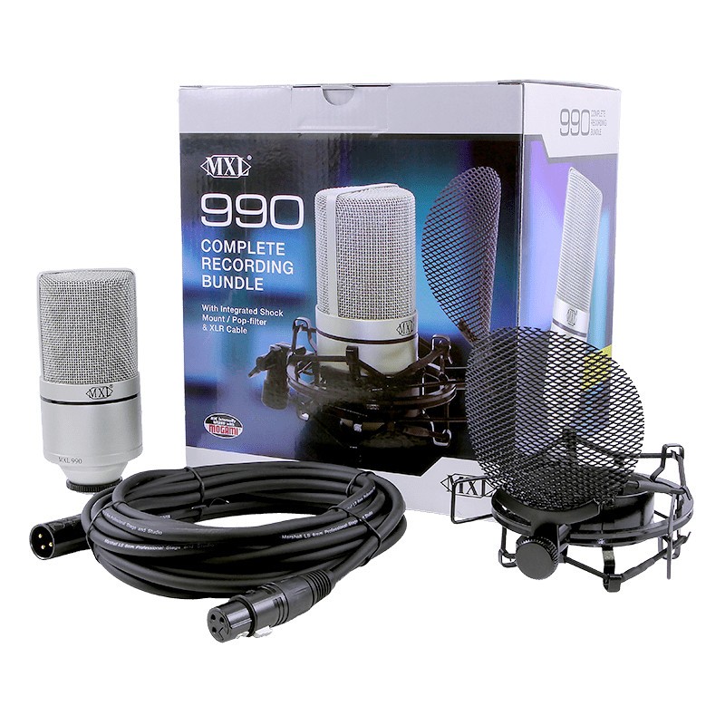 MXL 990 Large Diaphragm Condenser Microphone Complete Bundle, Silver