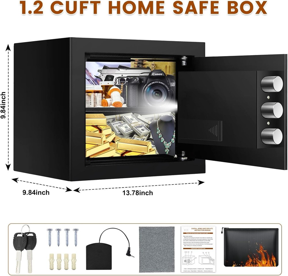1.2 Cu Ft Home Safe Small Safe Box W/ Fireproof Waterproof Bags Programmable