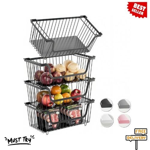 NEW 4 Pack Stackable Wire Baskets Pantry Storage Metal Fruit Vegetable Black