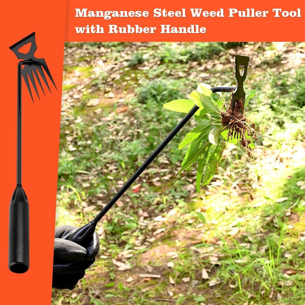 Weed Puller Tool Garden Weed Pulling Tool, 4-Tine Manganese Steel Weeder Tool -