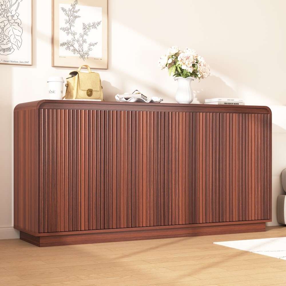 Walnut TV Stand with Power Outlet, Adjustable Storage, Fluted Handleless