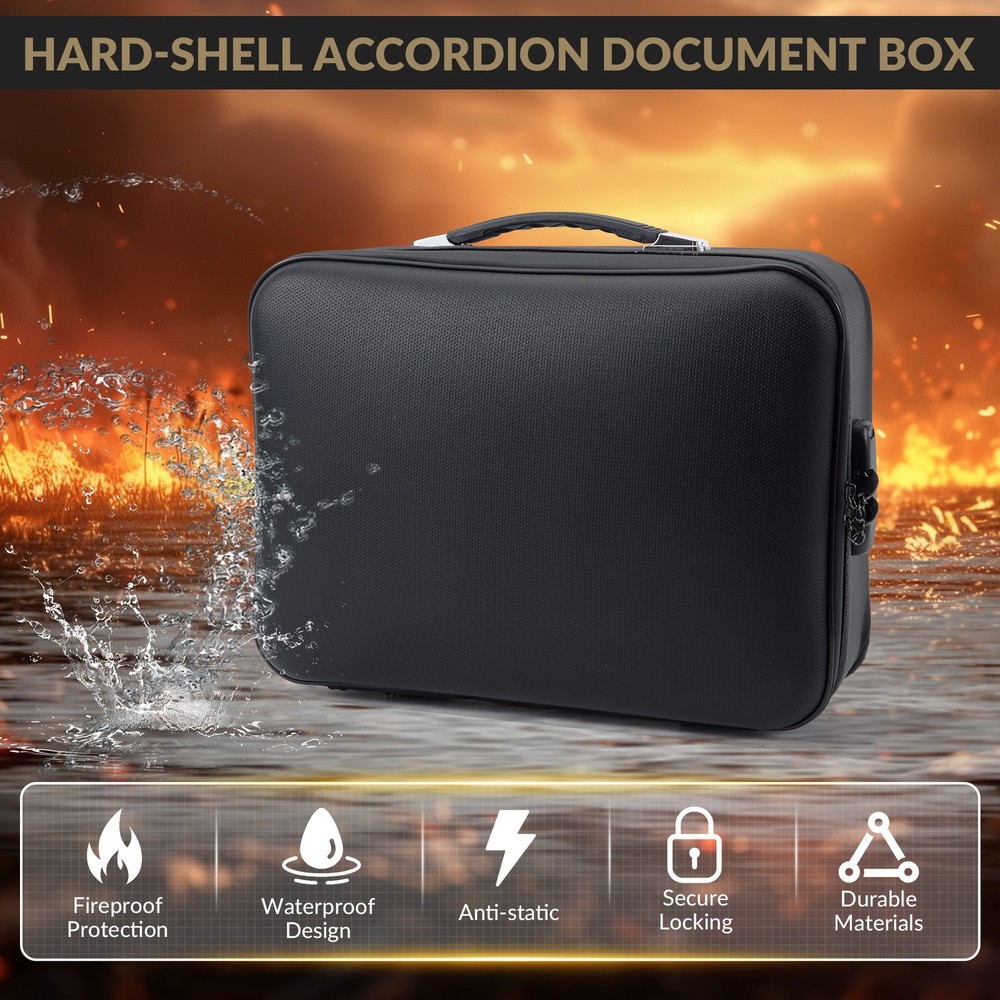 Fireproof Document Box with Lock, Waterproof Hard Case File Organizer Portable