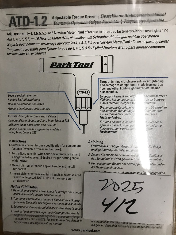 Park Tool ATD-1.2 Adjustable Torque Driver
