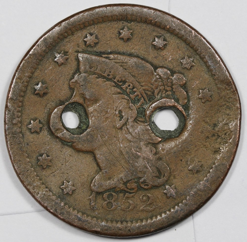 1852 Large Cent.  Double Holed.  212757