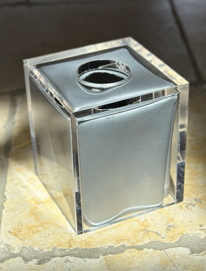 Thick Lucite Square Tissue Box Cover w Interior Silver Box Covers ($329 Saks)