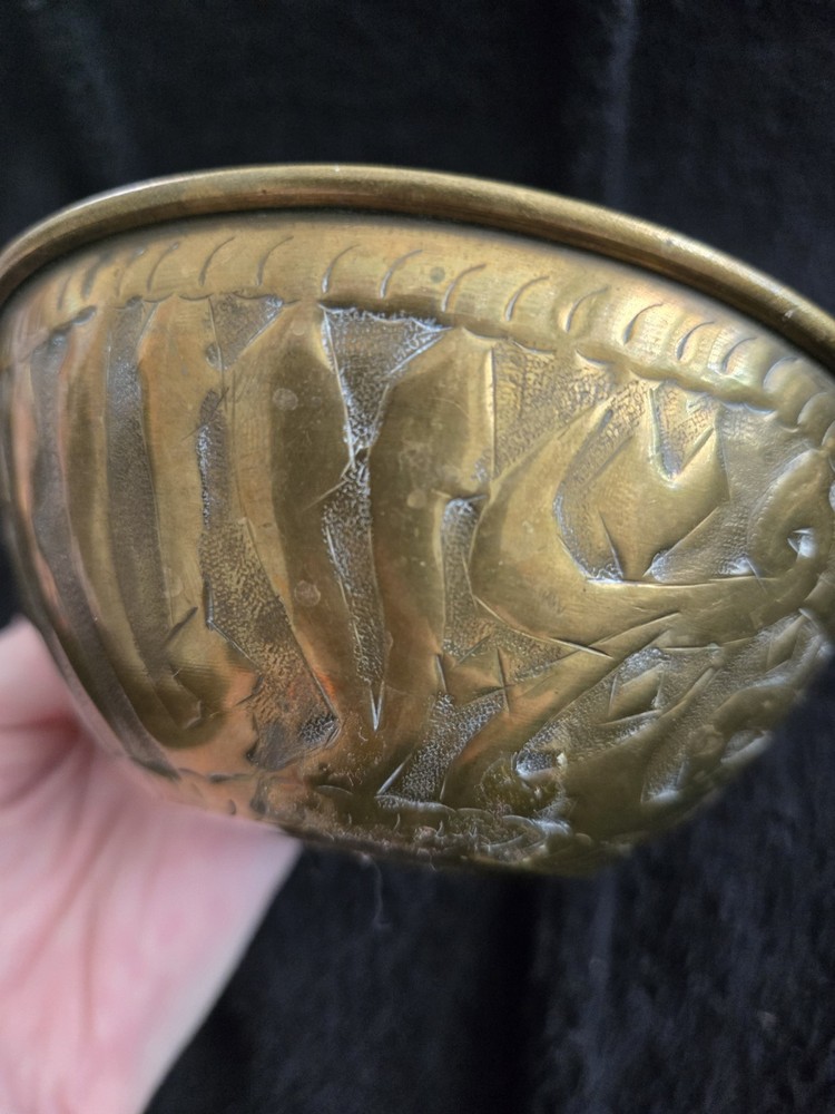 Vintage Middle Eastern Brass Bowls Pair, Engraved Arabic Script, 4.5" Alms