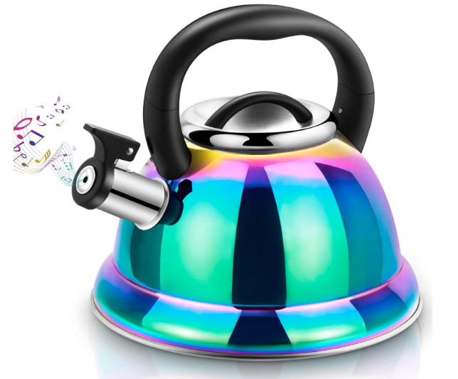 Tetera silbante 3.7QT acero 316, arcoíris, asa fría, inducción, acabado espejo.