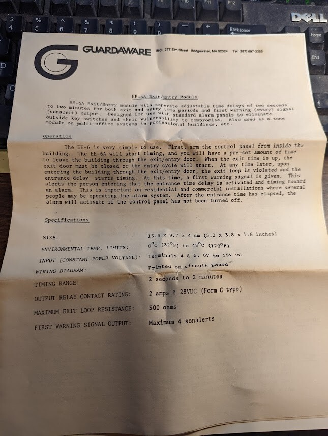 GUARDWARE EE-6A EXIT/ENTRY MODULE, NEW IN BOX, WITH INSTRUCTIONS