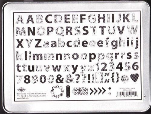 Black/white Alphabet Chipboard in Tin Box - 100 pieces