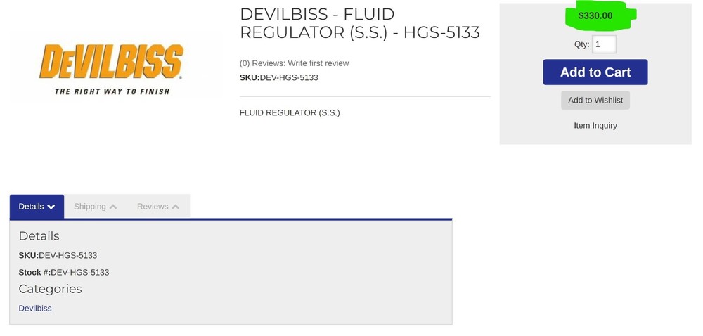 HGS GUN REGULATOR Devilbiss SS Air Pilot Fluid Regulator [OF19]