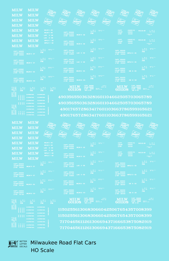 K4 HO Scale Decals Milwaukee Road Flat Car White