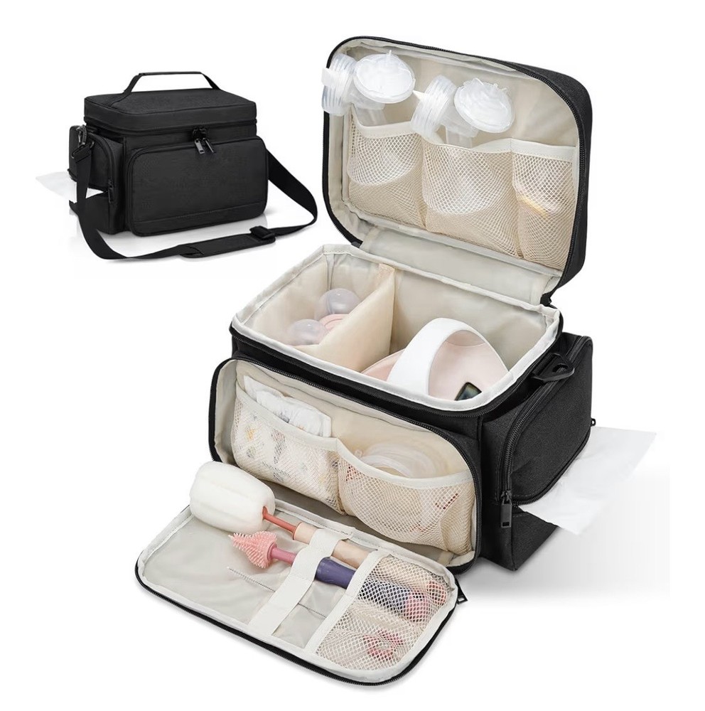 Black Breast Pump Accessory Organizer Bag, Removable Strap, 14x9x8.8"