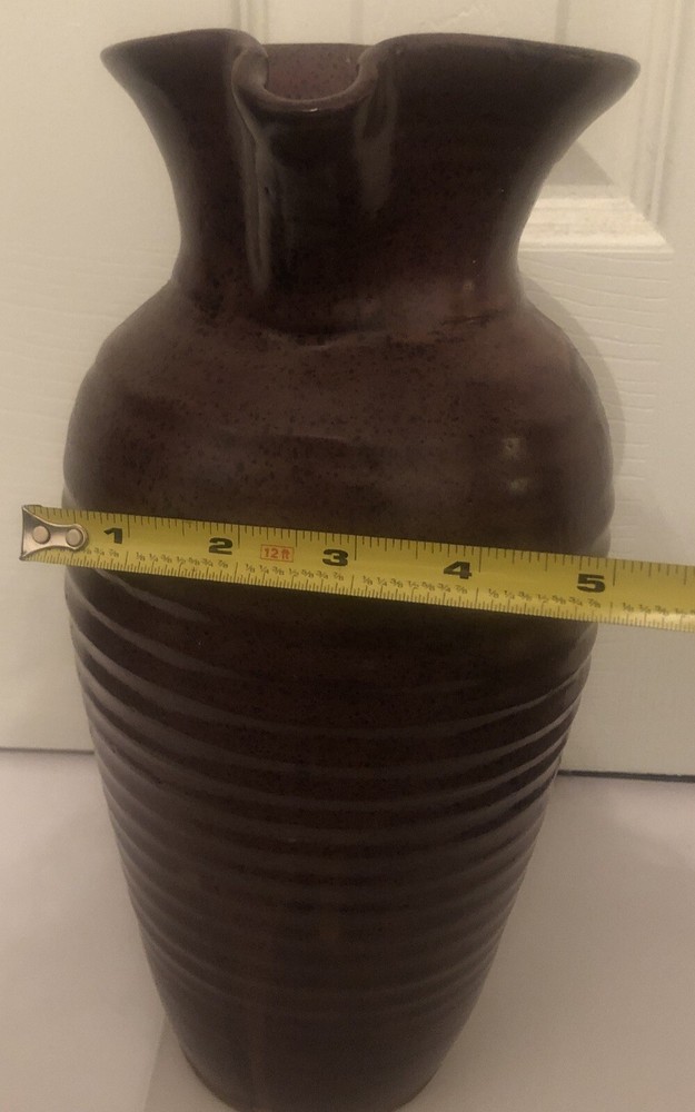 Art Pottery Ceramic Pitcher Rustic Drip Glaze Ribbed Pattern Scroll Handle 11.5”