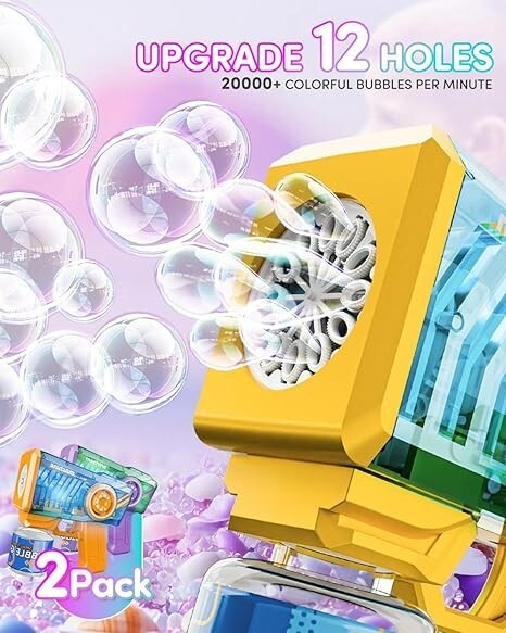 2 Pack 12-Hole LED Automatic Bubble Machine with 2 Bottles &25 Bags Refill Solut