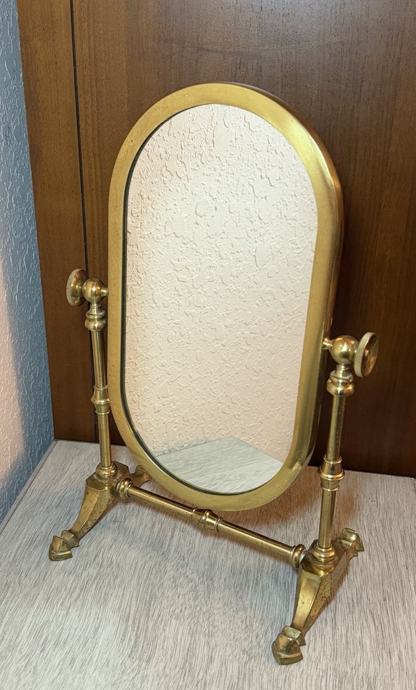 VINTAGE ART DECO BRASS FOOTED TABLETOP SHAVING VANITY MIRROR TILTING ADJUSTABLE